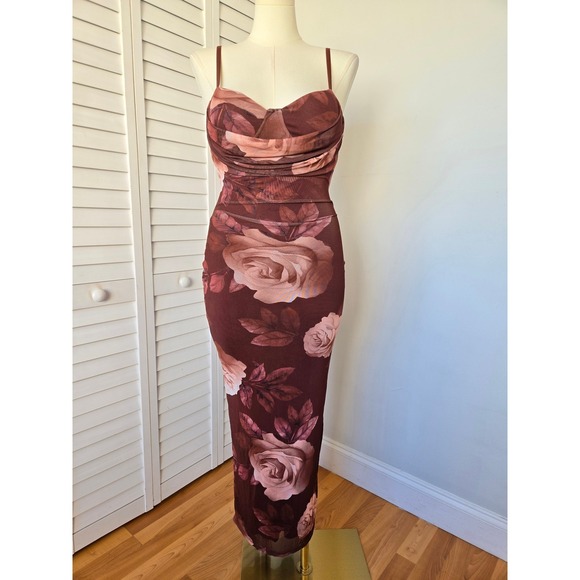 Madden Girl Dresses & Skirts - Madden Girl Brown Rose Mesh Cutout Midi Dress XL Y2K Romantic Bodycon Cocktail